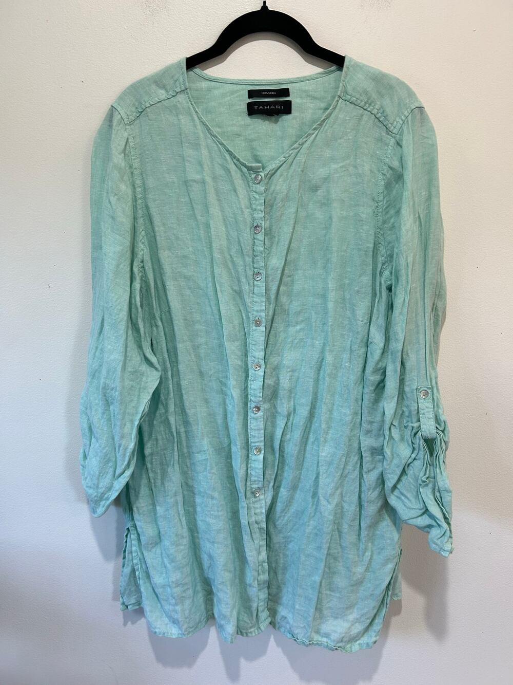 Tahari linen blouse sea foam green womens M button front tunic resort tropical